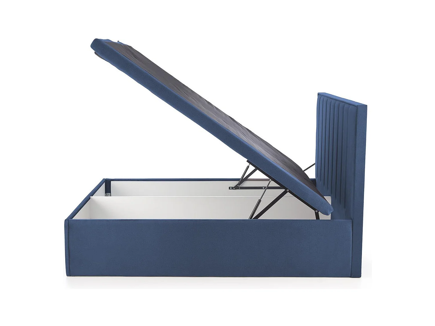 Lit en tissu bleu 160 x 200 avec tête de lit et coffre de rangement Peony