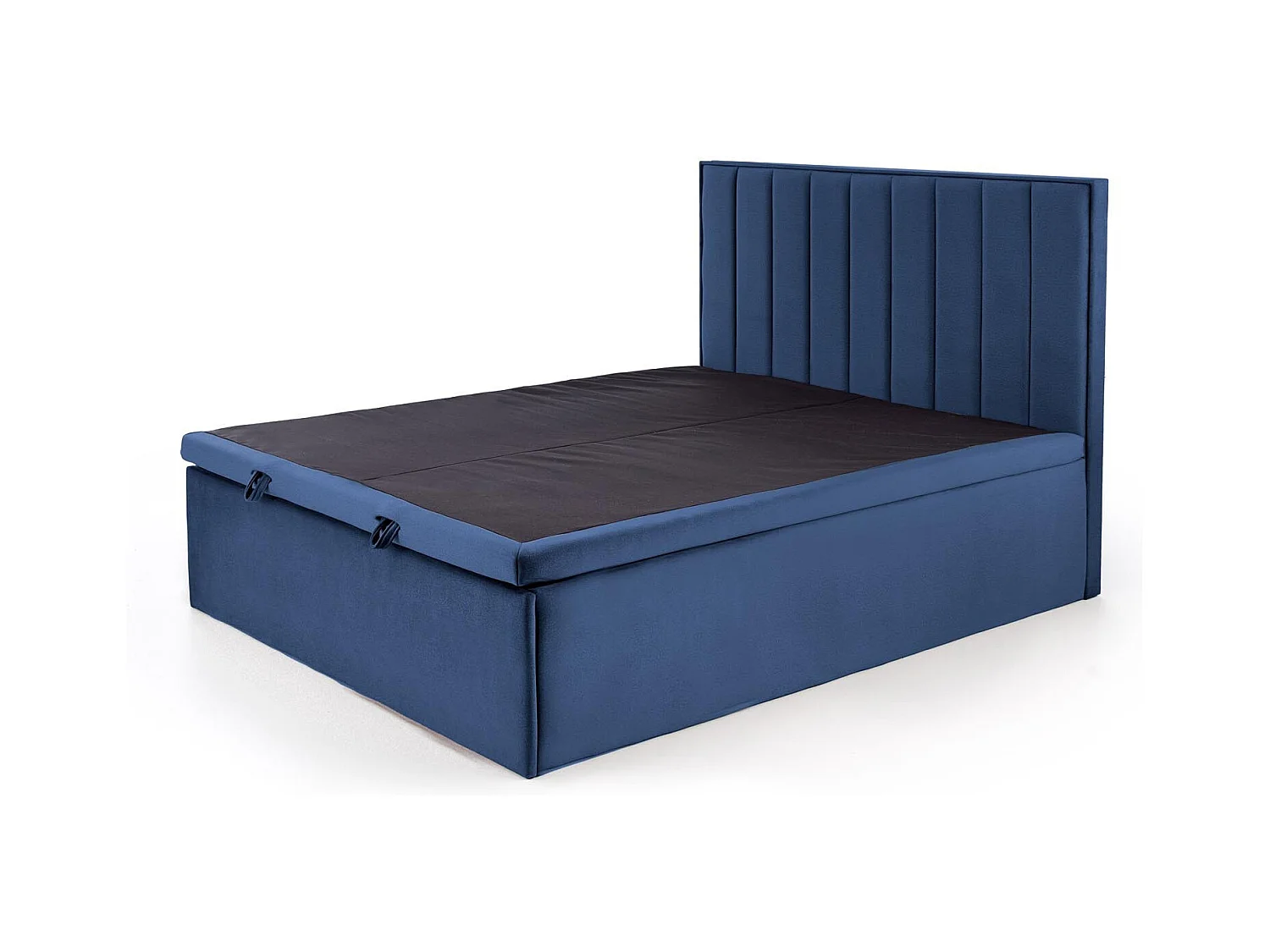 Lit en tissu bleu 160 x 200 avec tête de lit et coffre de rangement Peony