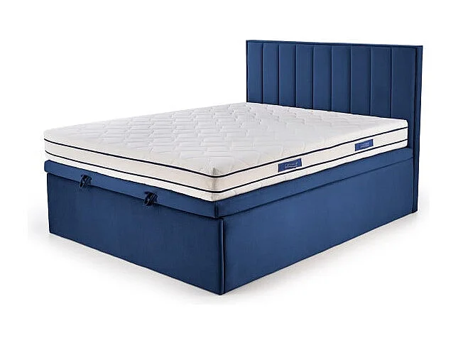 Lit en tissu bleu 160 x 200 avec tête de lit et coffre de rangement Peony