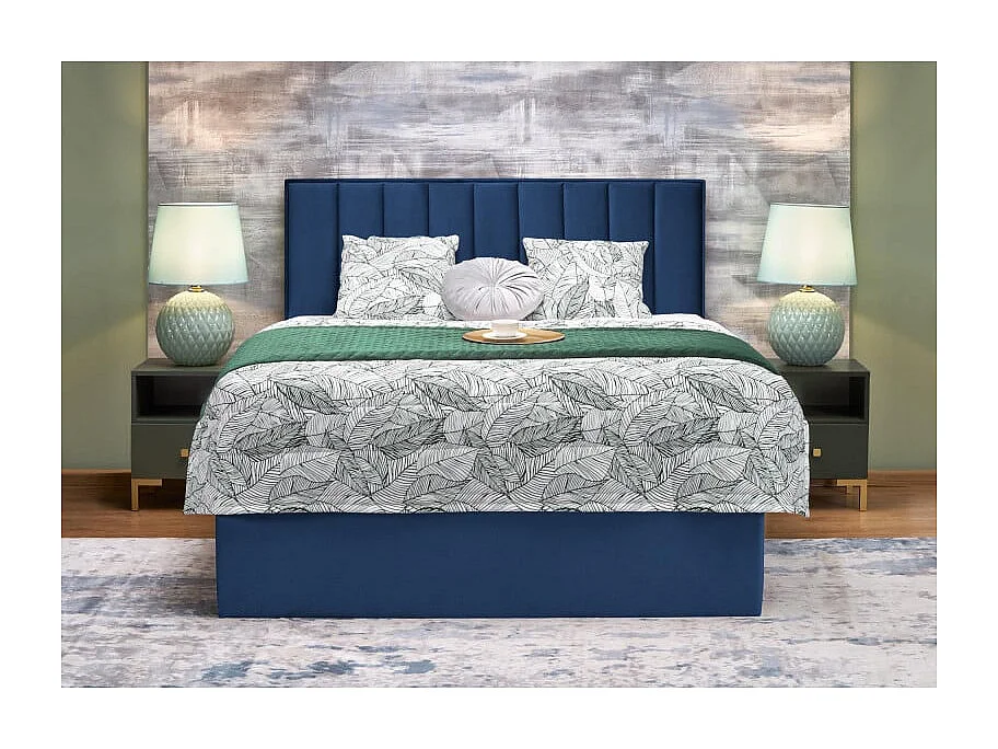 Lit en tissu bleu 160 x 200 avec tête de lit et coffre de rangement Peony