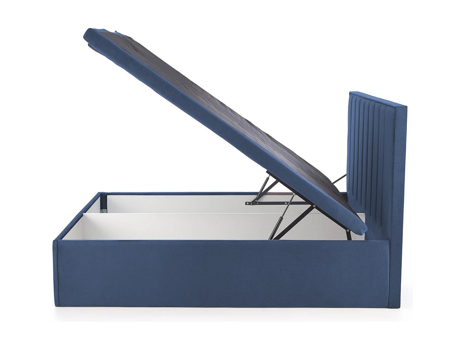 Lit en tissu bleu 160 x 200 avec tête de lit et coffre de rangement Peony