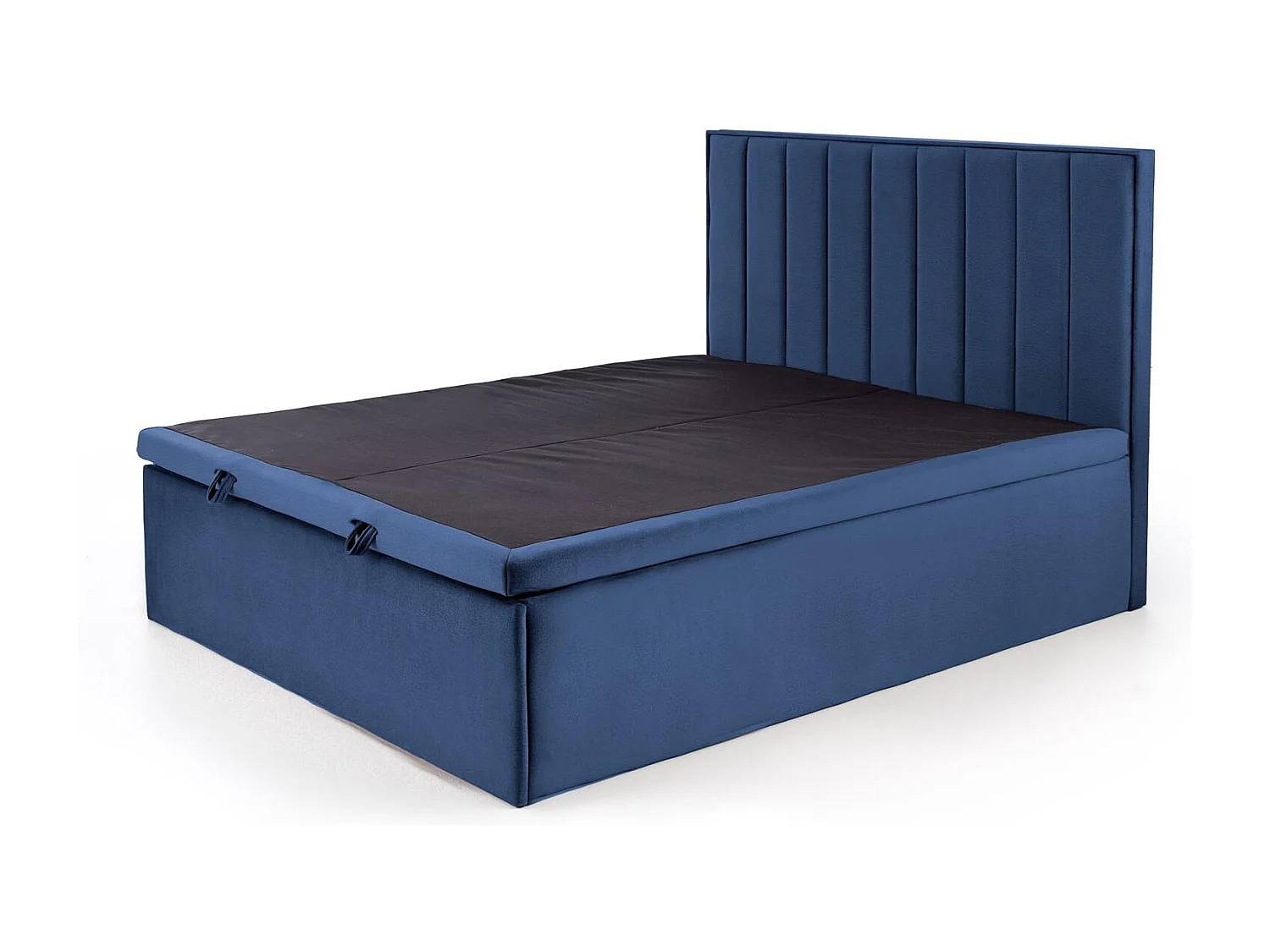 Lit en tissu bleu 160 x 200 avec tête de lit et coffre de rangement Peony