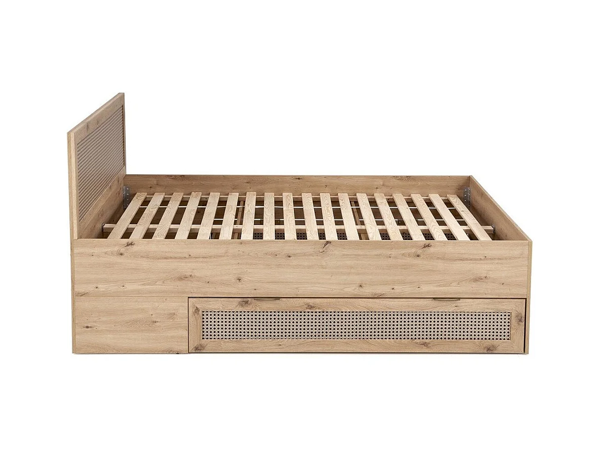 Lit 2 place aspect chêne naturel et rotin avec tiroir de rangement Kina