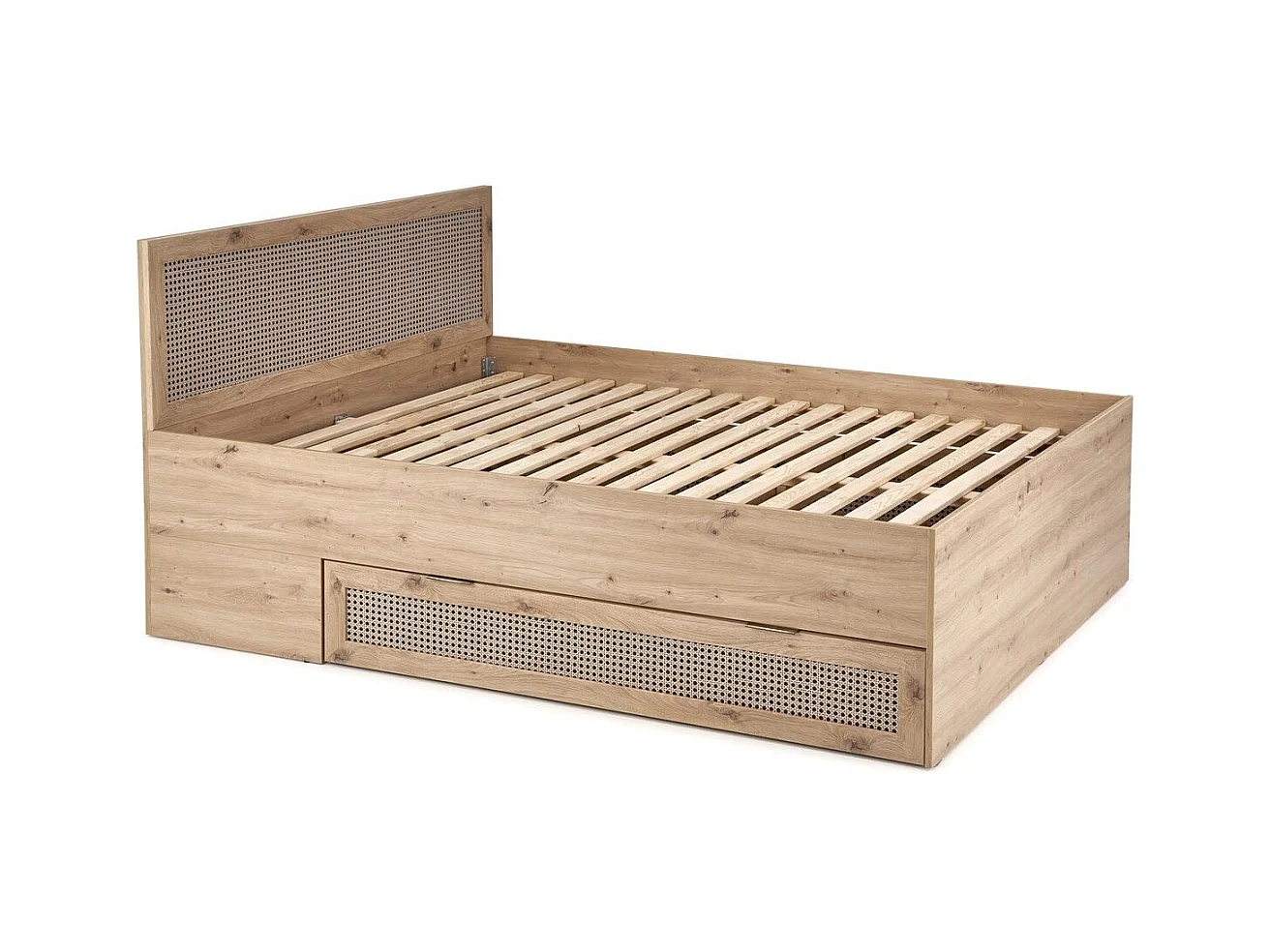 Lit 2 place aspect chêne naturel et rotin avec tiroir de rangement Kina