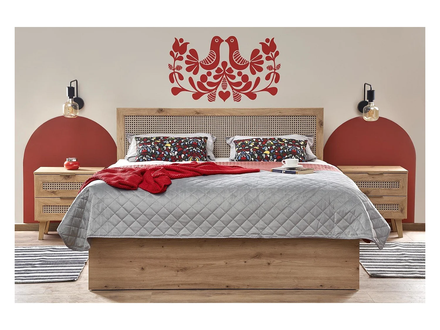 Lit 2 place aspect chêne naturel et rotin avec tiroir de rangement Kina