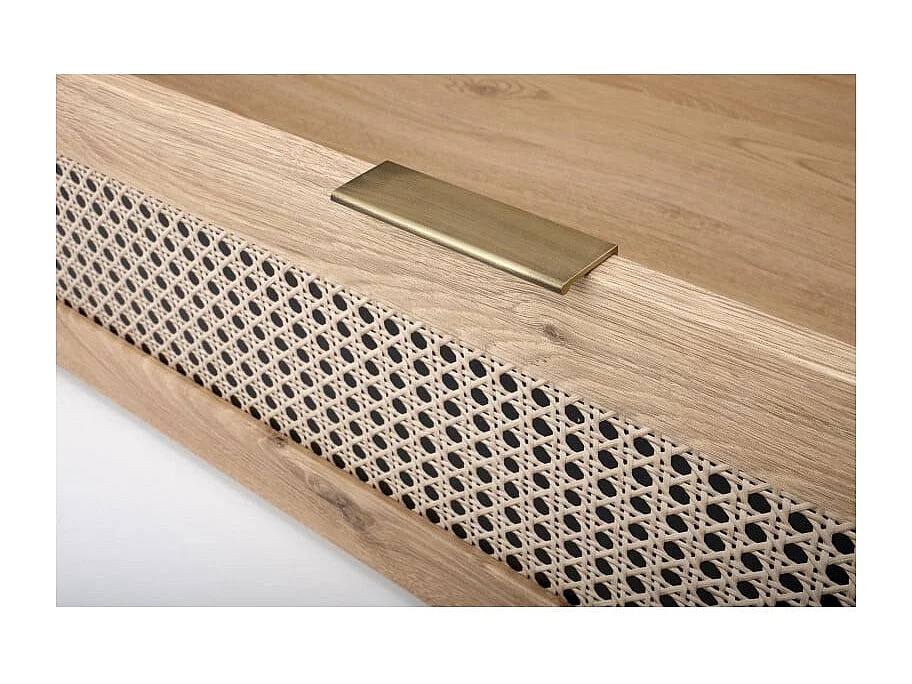 Lit 2 place aspect chêne naturel et rotin avec tiroir de rangement Kina