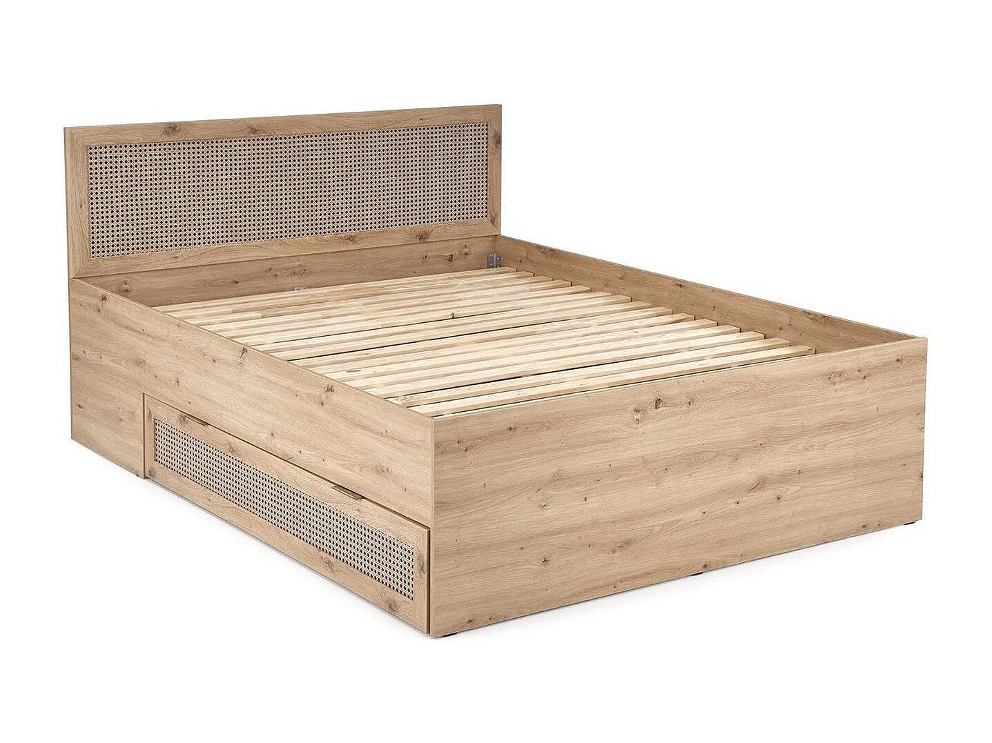 Lit 2 place aspect chêne naturel et rotin avec tiroir de rangement Kina