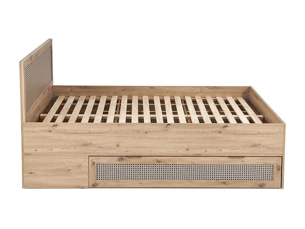 Lit 2 place aspect chêne naturel et rotin avec tiroir de rangement Kina