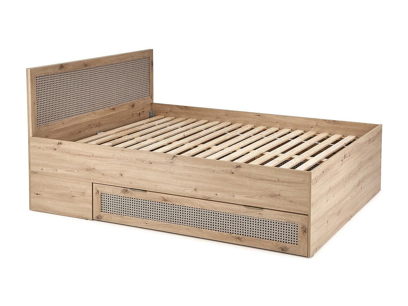 Lit 2 place aspect chêne naturel et rotin avec tiroir de rangement Kina