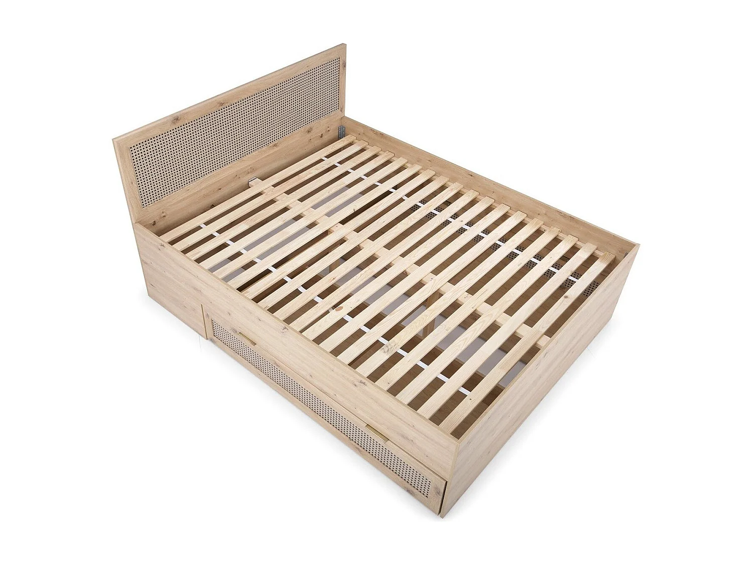 Lit 2 place aspect chêne naturel et rotin avec tiroir de rangement Kina