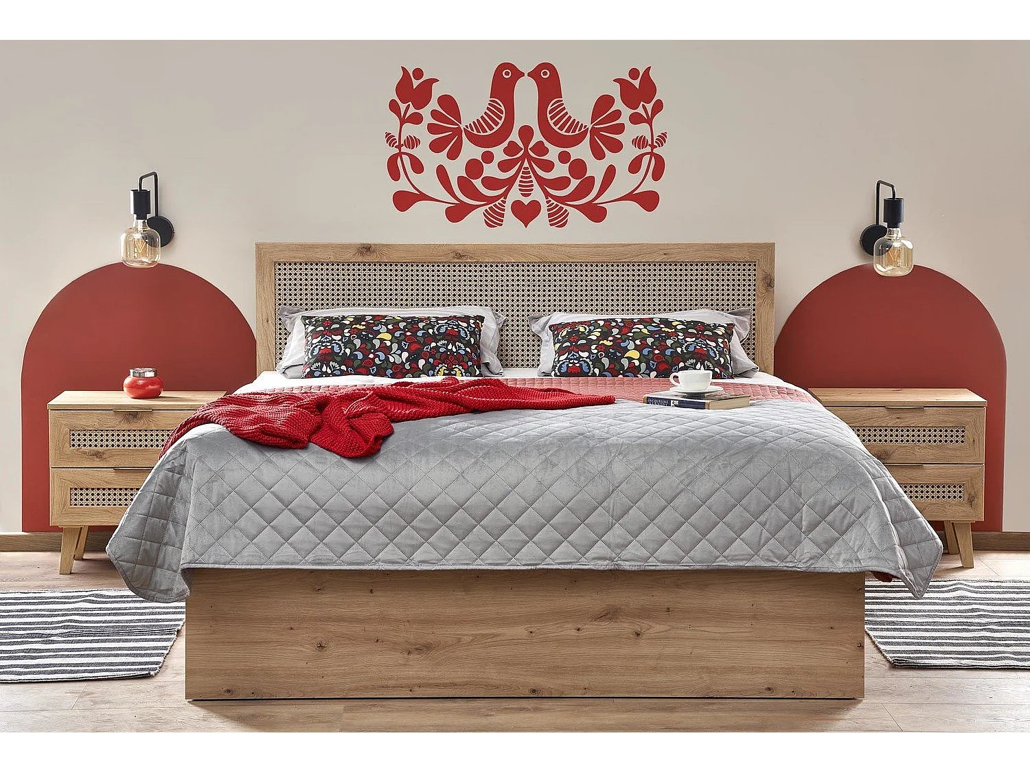 Lit 2 place aspect chêne naturel et rotin avec tiroir de rangement Kina