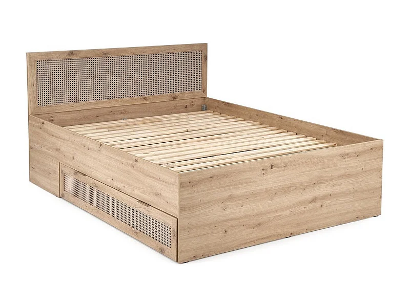 Lit 2 place aspect chêne naturel et rotin avec tiroir de rangement Kina