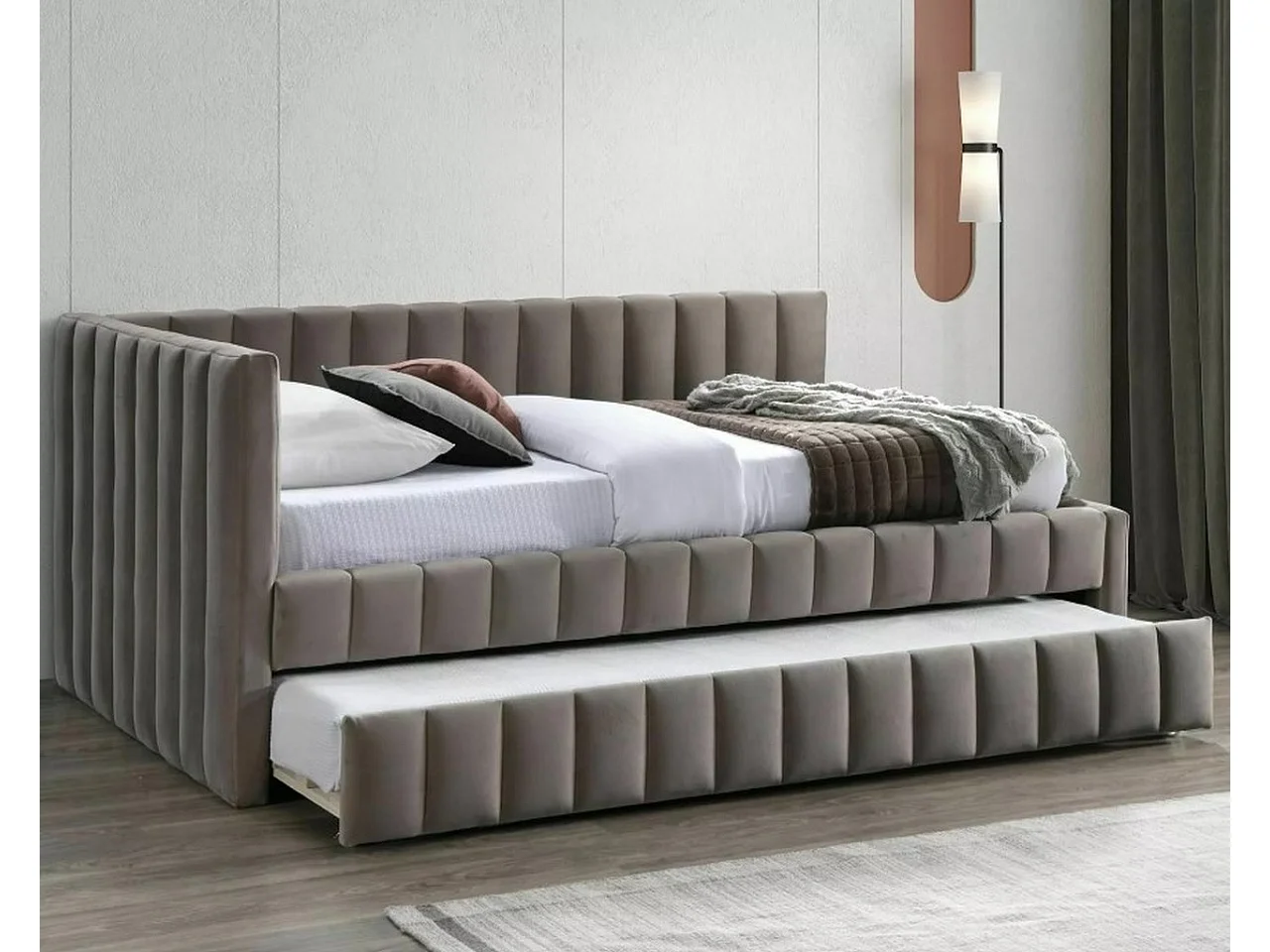 Lit gigogne design 120 x 200 en velours beige Onyx - 1 matelas