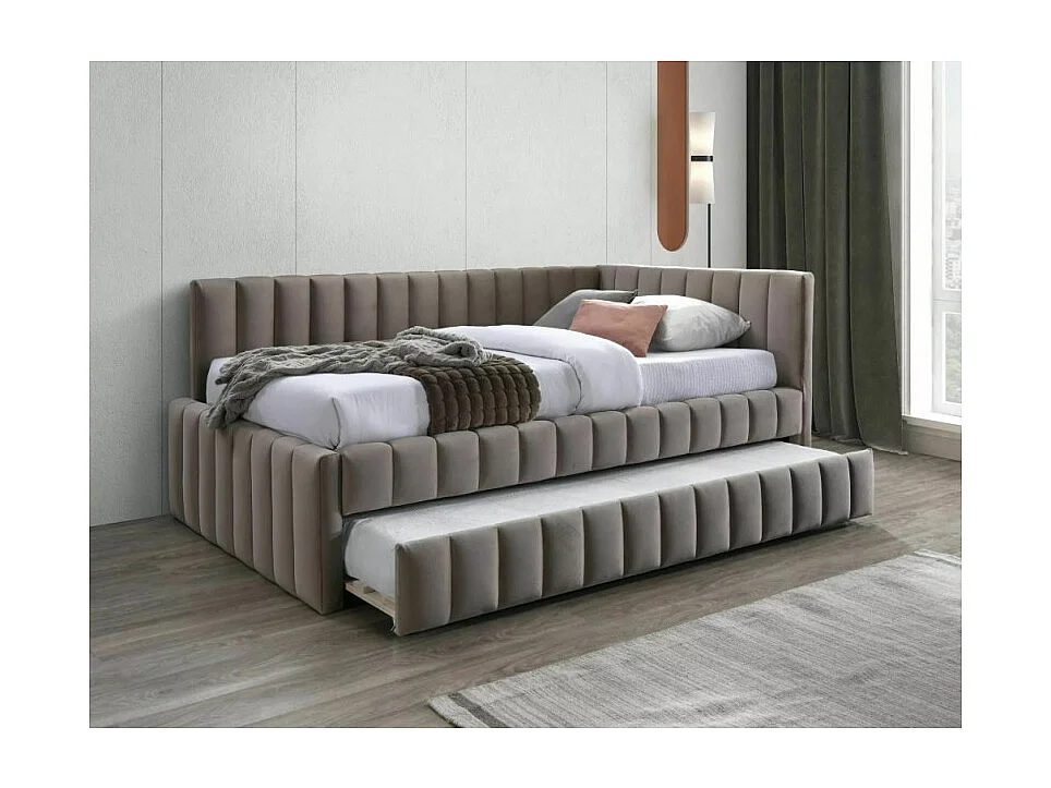 Lit gigogne design 120 x 200 en velours beige Onyx - 2 matelas