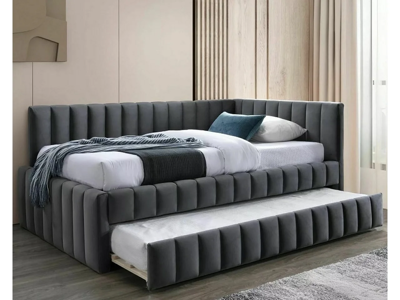 Lit gigogne design 120 x 200 en velours gris Onyx - 2 matelas