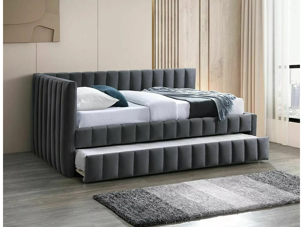 Lit gigogne design 120 x 200 en velours gris Onyx - 2 matelas