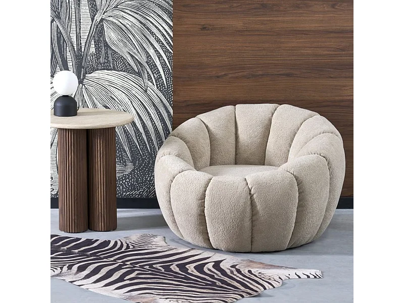 Fauteuil rond coquillage en tissu beige Alix
