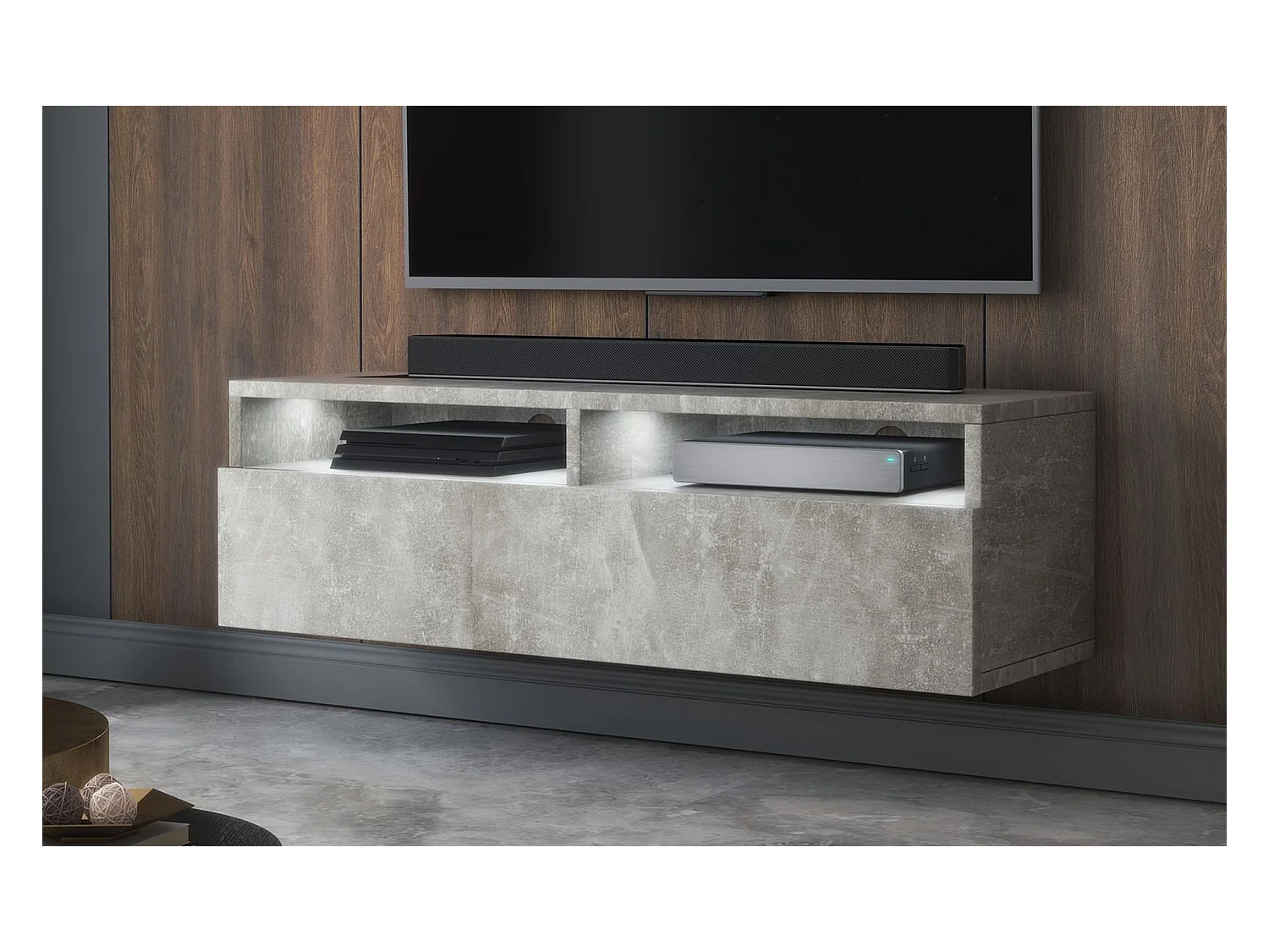 Meuble TV - tiroir - aspect béton LED - 100 cm - REDNAW