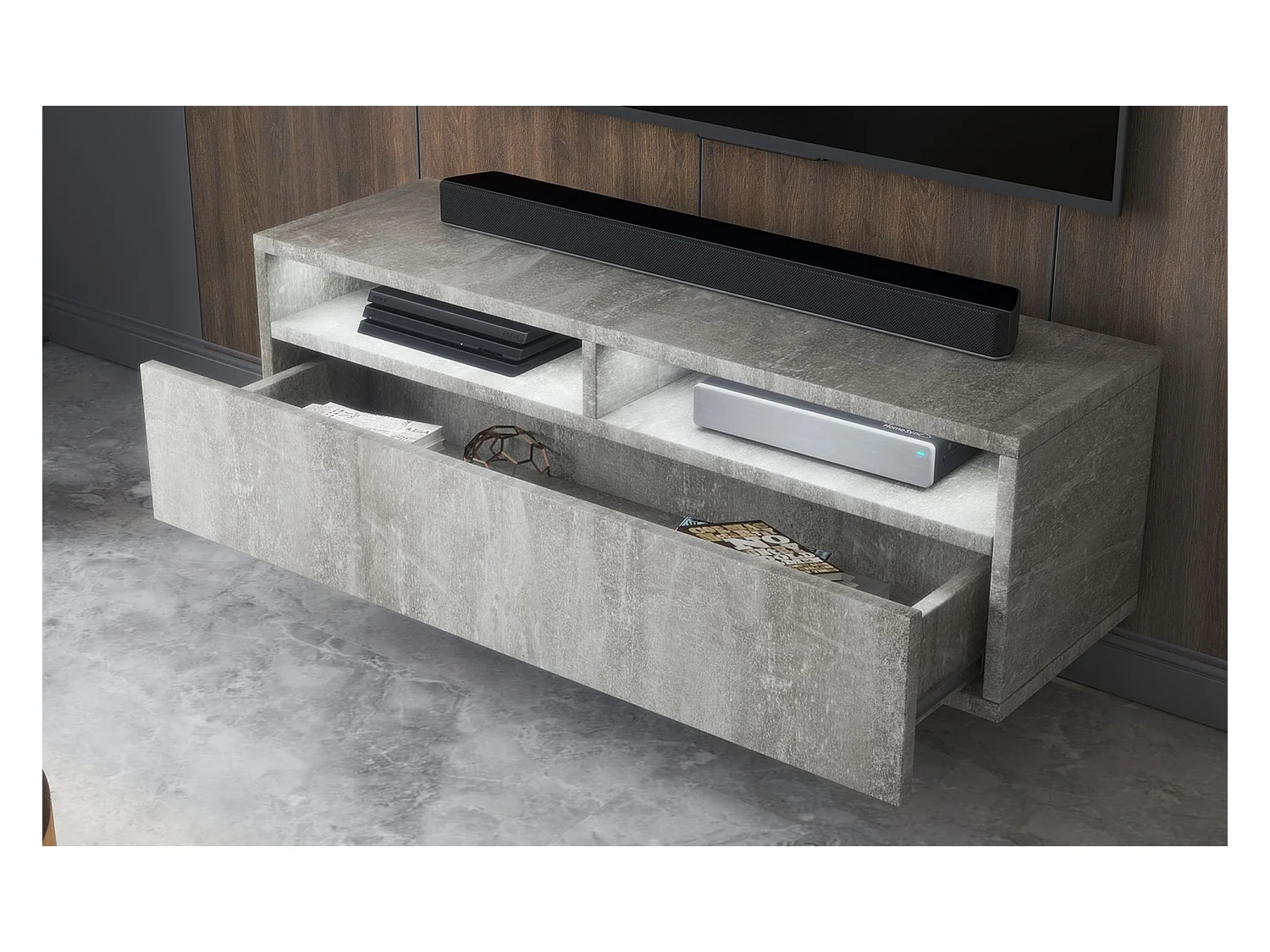 Meuble TV - tiroir - aspect béton LED - 100 cm - REDNAW