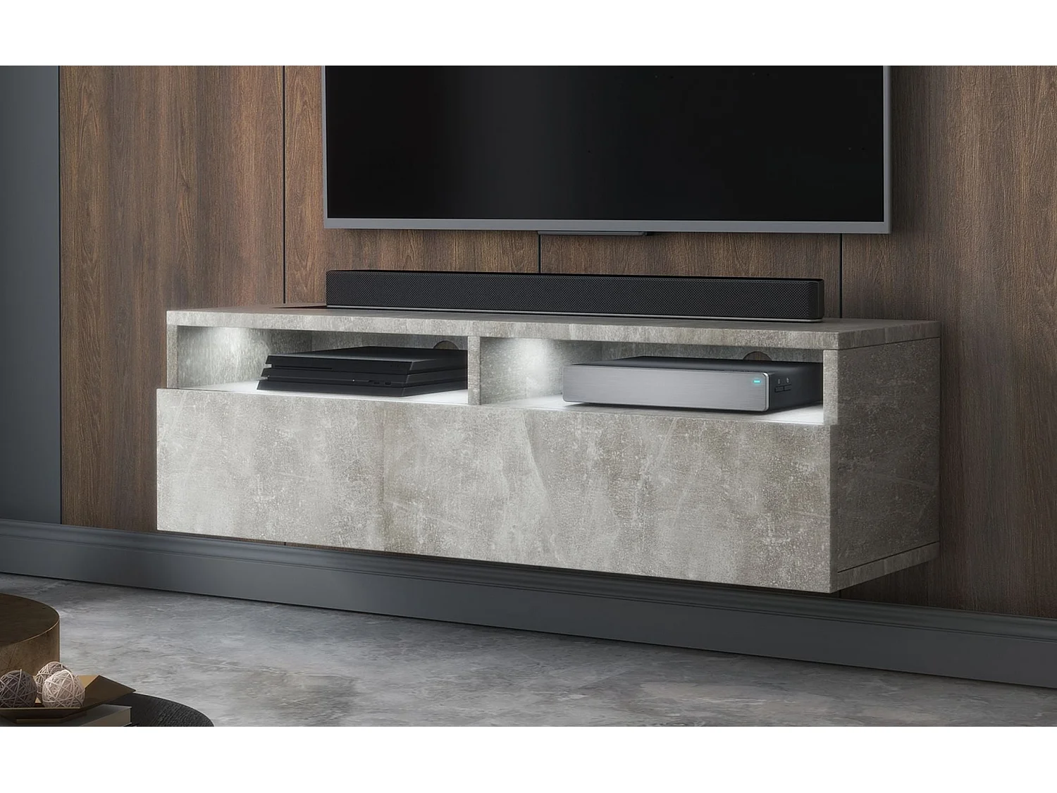 Meuble TV - tiroir - aspect béton LED - 100 cm - REDNAW