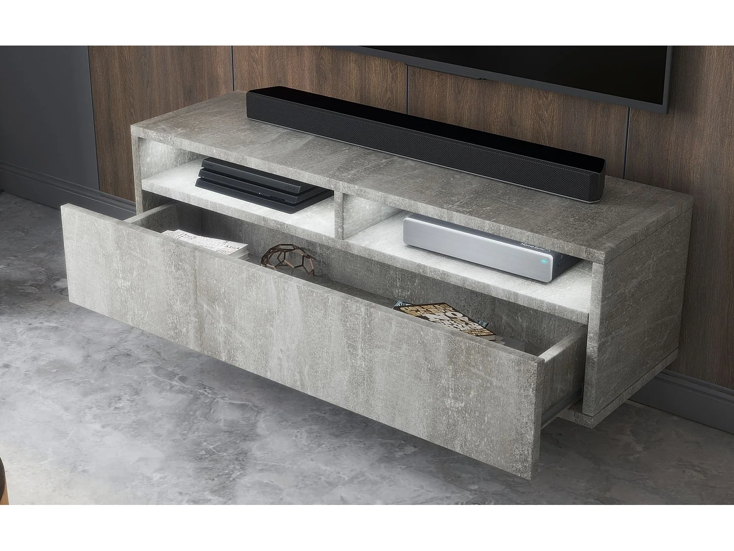 Meuble TV - tiroir - aspect béton LED - 100 cm - REDNAW