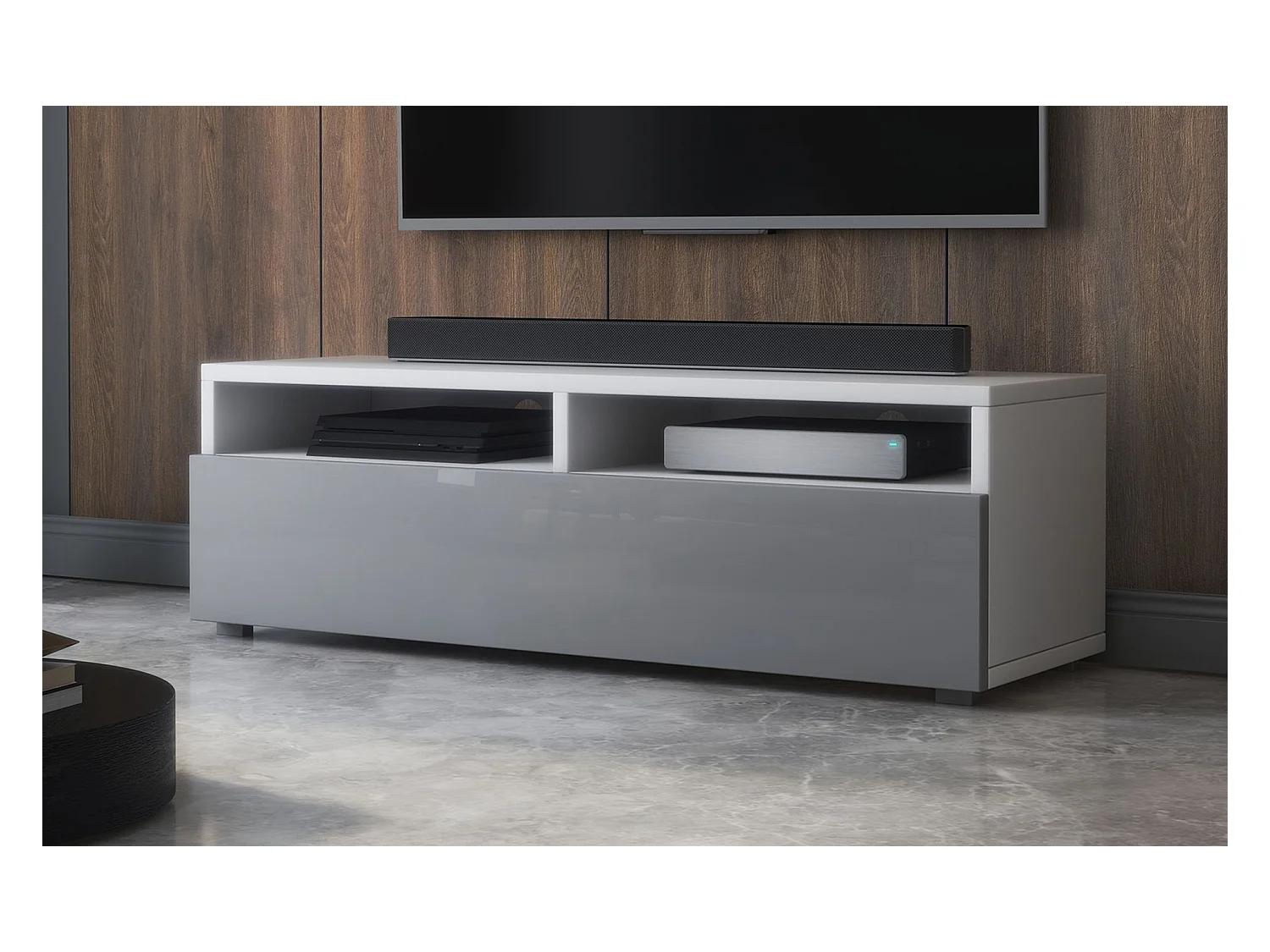 Meuble TV - tiroir - blanc mat/gris brillant LED - 100 cm - REDNAW