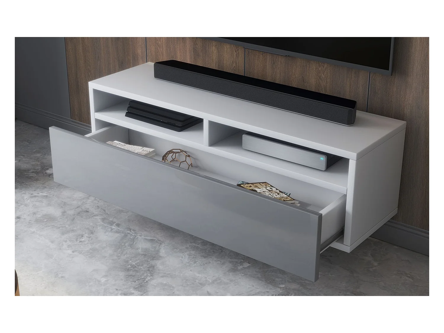 Meuble TV - tiroir - blanc mat/gris brillant LED - 100 cm - REDNAW