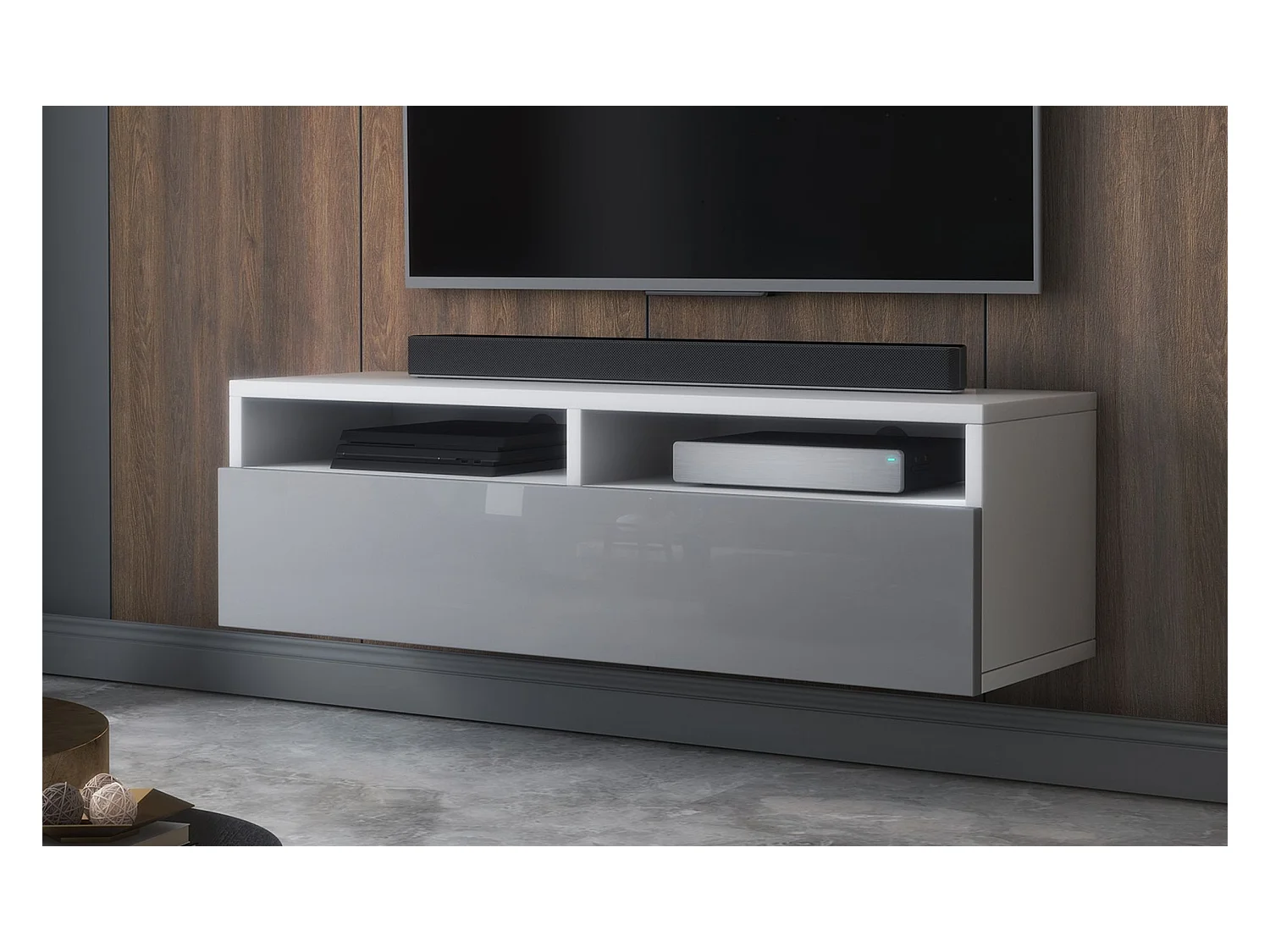 Meuble TV - tiroir - blanc mat/gris brillant LED - 100 cm - REDNAW