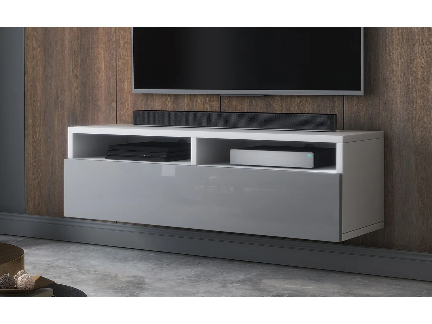 Meuble TV - tiroir - blanc mat/gris brillant LED - 100 cm - REDNAW