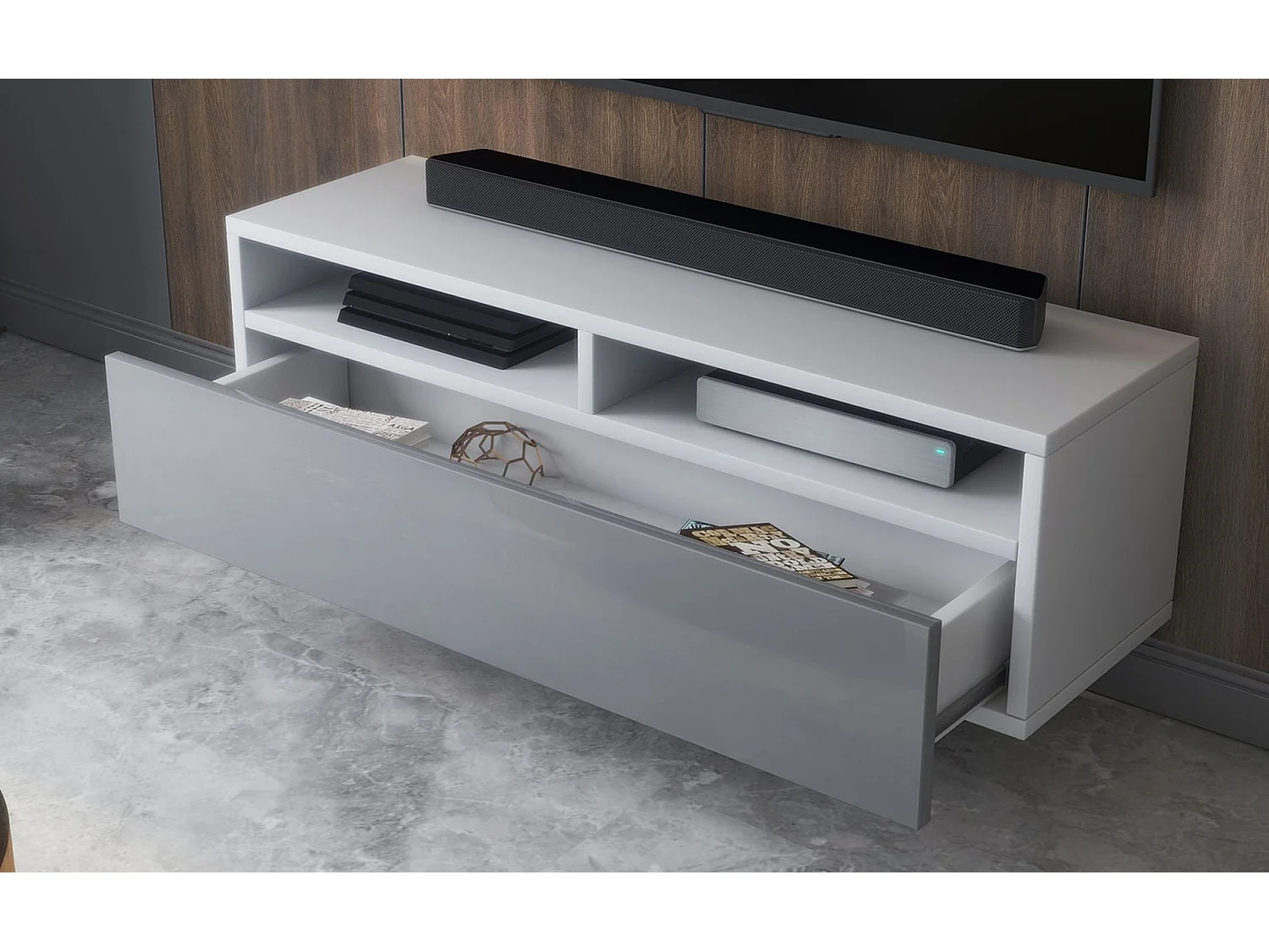 Meuble TV - tiroir - blanc mat/gris brillant LED - 100 cm - REDNAW
