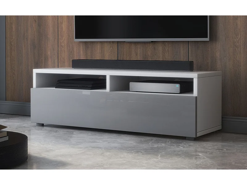 Meuble TV - tiroir - blanc mat/gris brillant LED - 100 cm - REDNAW