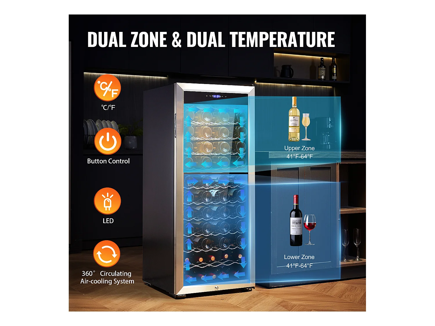 Cave à Vin SucceBuy Refroidisseur à Vin Double Zone 80 Bouteilles, Réfrigérateur Autoportant avec Lumière LED et Serrure