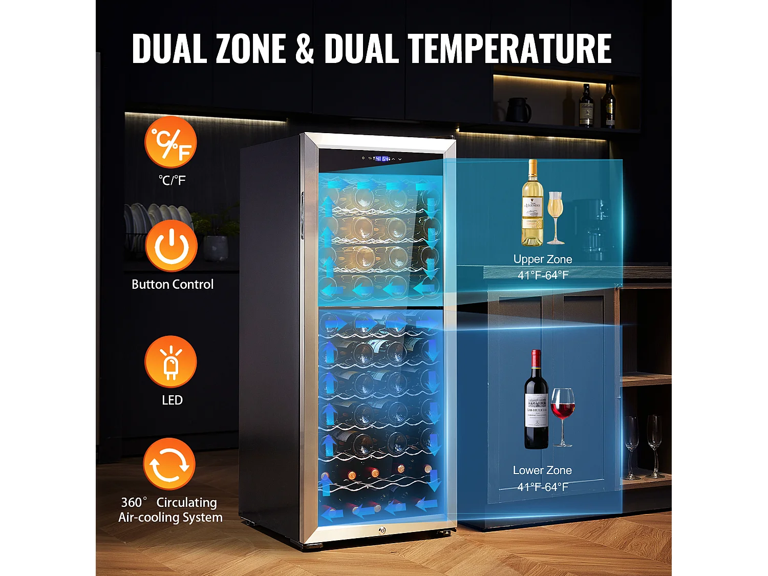 Cave à Vin SucceBuy Refroidisseur à Vin Double Zone 80 Bouteilles, Réfrigérateur Autoportant avec Lumière LED et Serrure