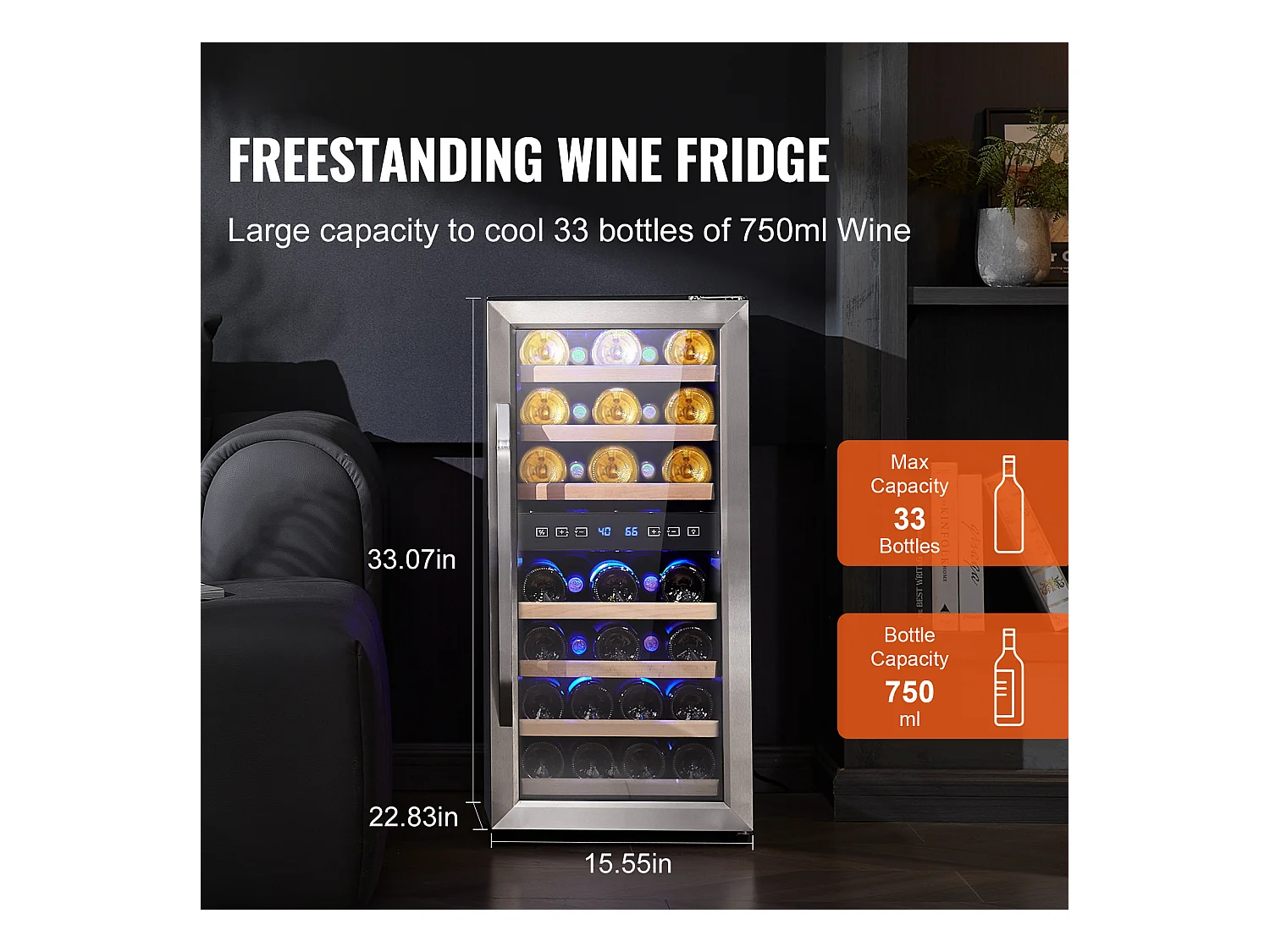 Weinkühlschrank SucceBuy 33 Flaschen Freistehender Doppelzonen Weinkühler mit LED-Beleuchtung