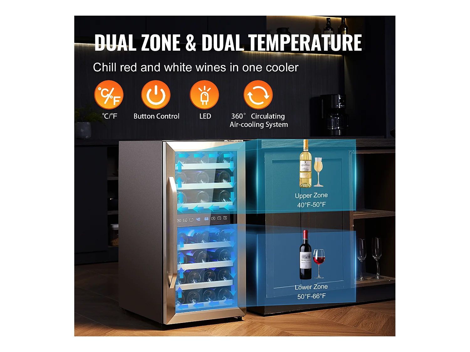 Weinkühlschrank SucceBuy 33 Flaschen Freistehender Doppelzonen Weinkühler mit LED-Beleuchtung