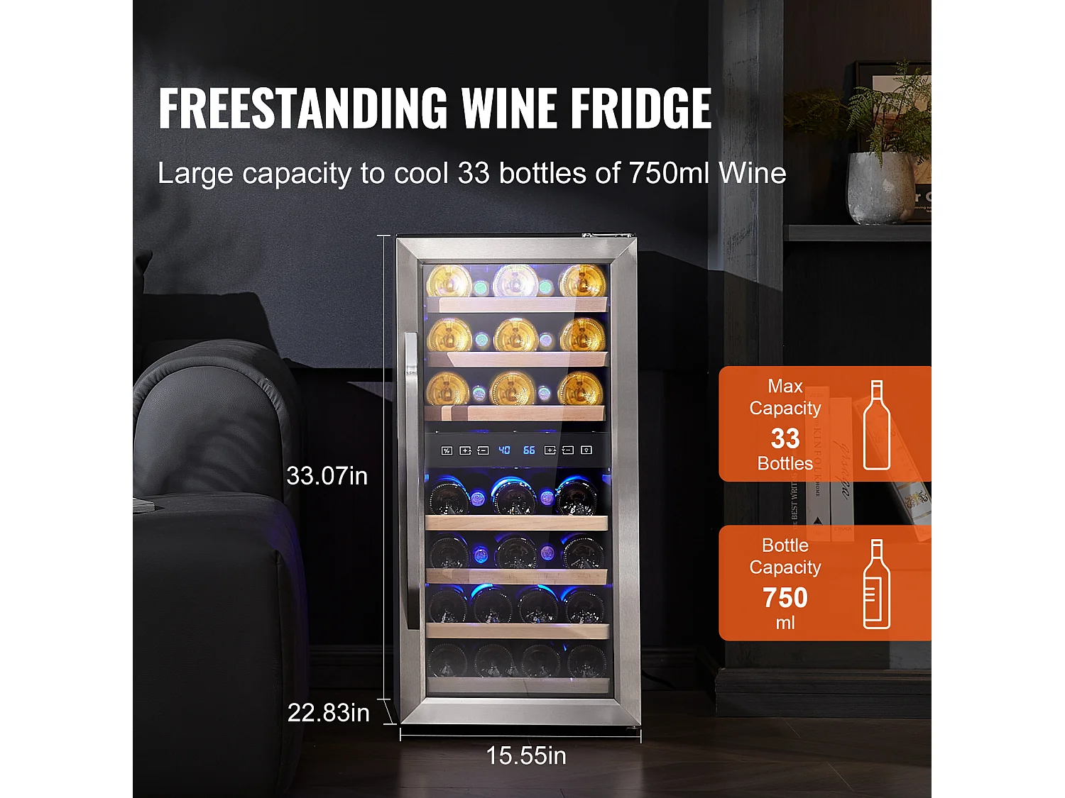 Cave à Vin SucceBuy Refroidisseur à Vin de 33 Bouteilles Réfrigérateur Autoportant Double Zone avec Lumière LED