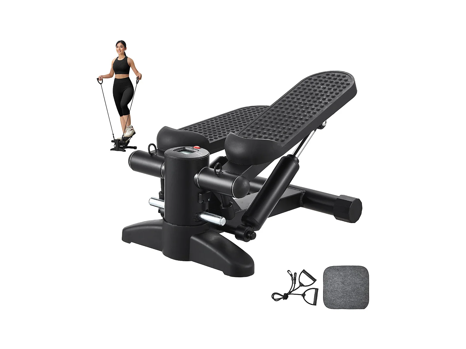 Stair Stepper SucceBuy, Mini Stepper d'Exercice pour la Maison, Équipement de Fitness Hydraulique avec Bandes de Résistance, Capacité de 150 kg, Noir