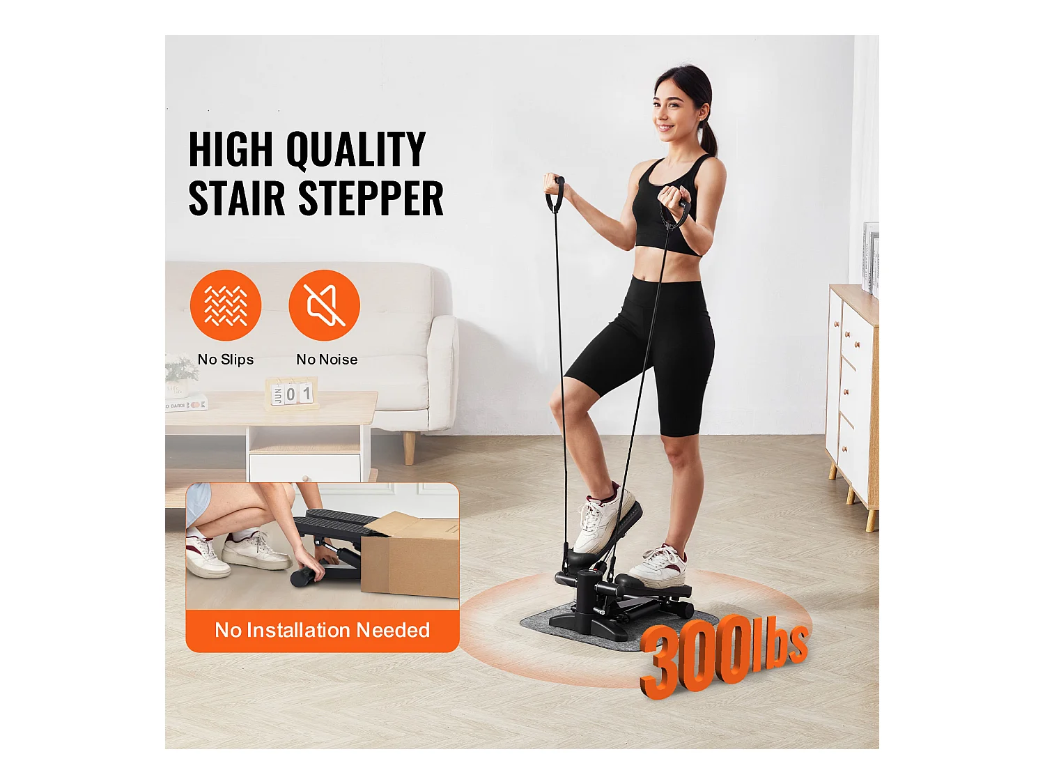 Stair Stepper SucceBuy, Mini Stepper d'Exercice pour la Maison, Équipement de Fitness Hydraulique avec Bandes de Résistance, Capacité de 150 kg, Noir