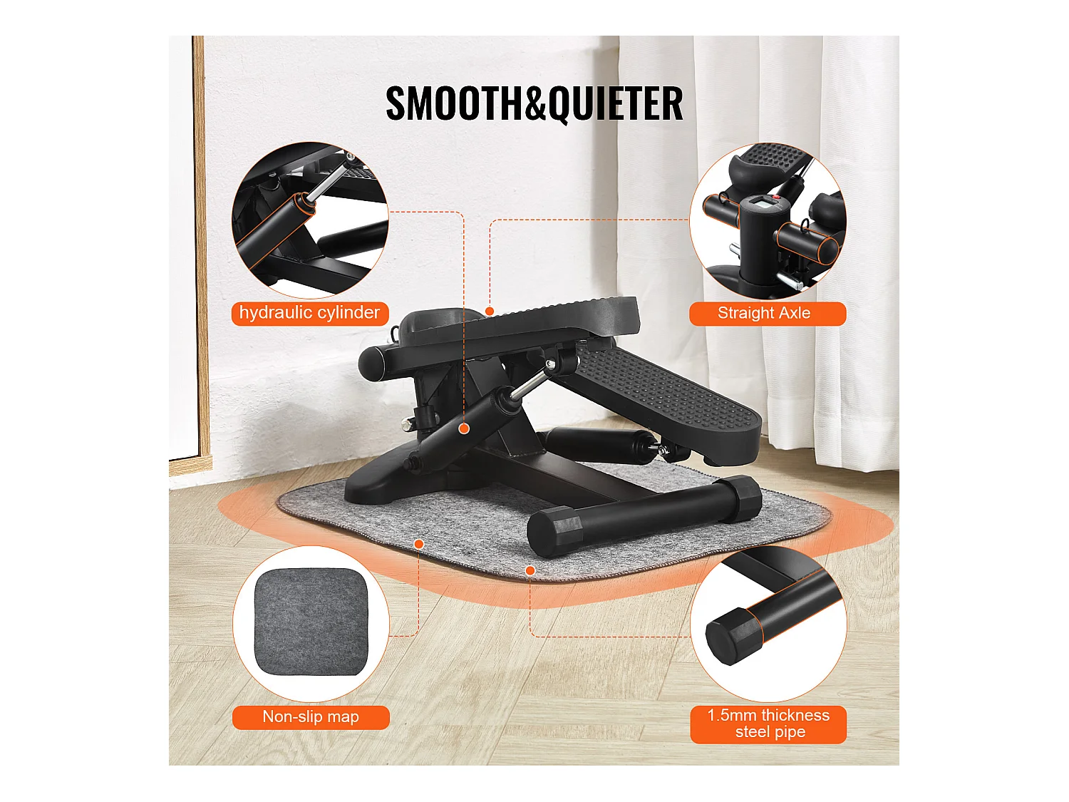 Stair Stepper SucceBuy, Mini Stepper d'Exercice pour la Maison, Équipement de Fitness Hydraulique avec Bandes de Résistance, Capacité de 150 kg, Noir