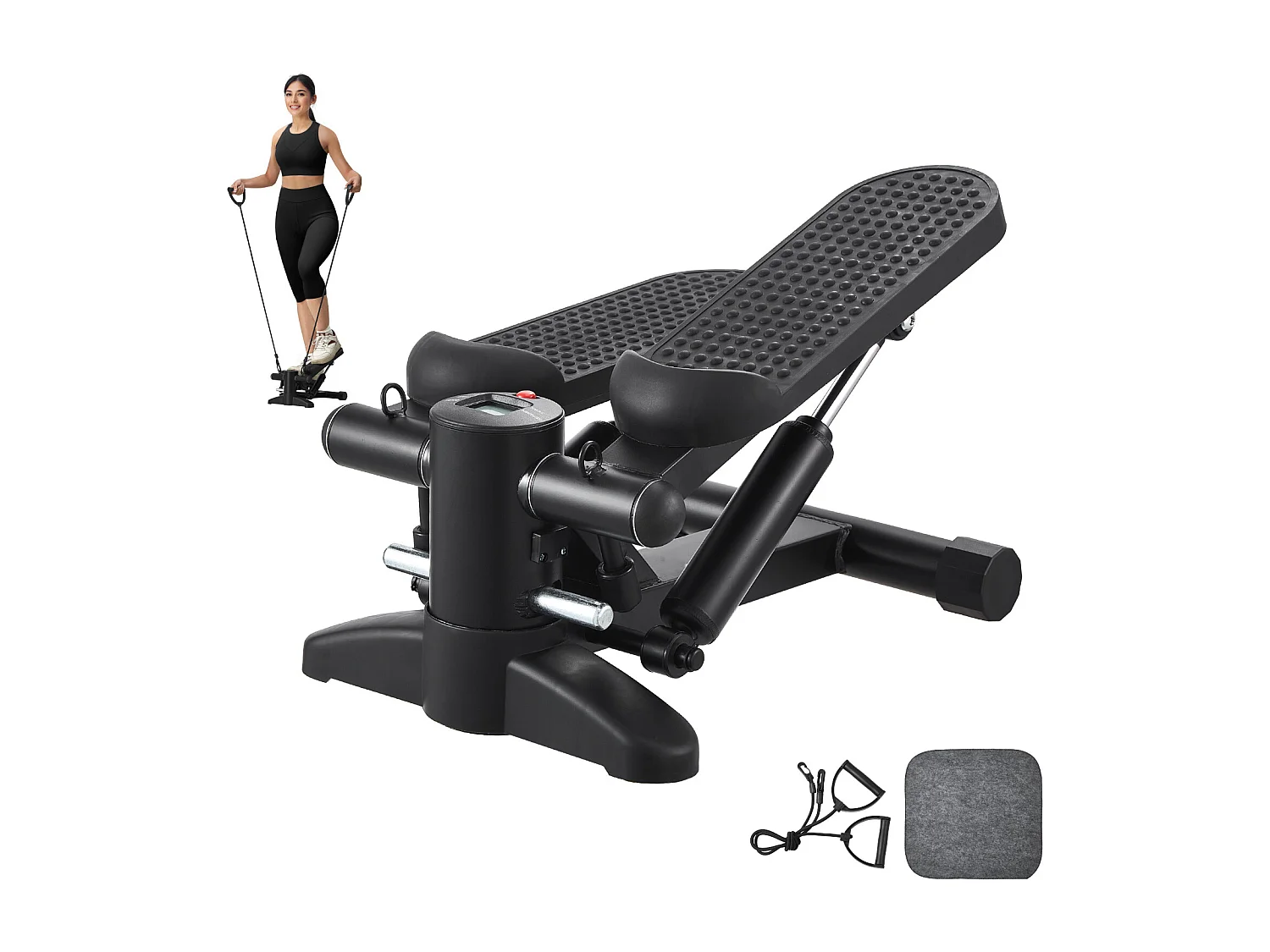 Stair Stepper SucceBuy, Mini Stepper d'Exercice pour la Maison, Équipement de Fitness Hydraulique avec Bandes de Résistance, Capacité de 150 kg, Noir