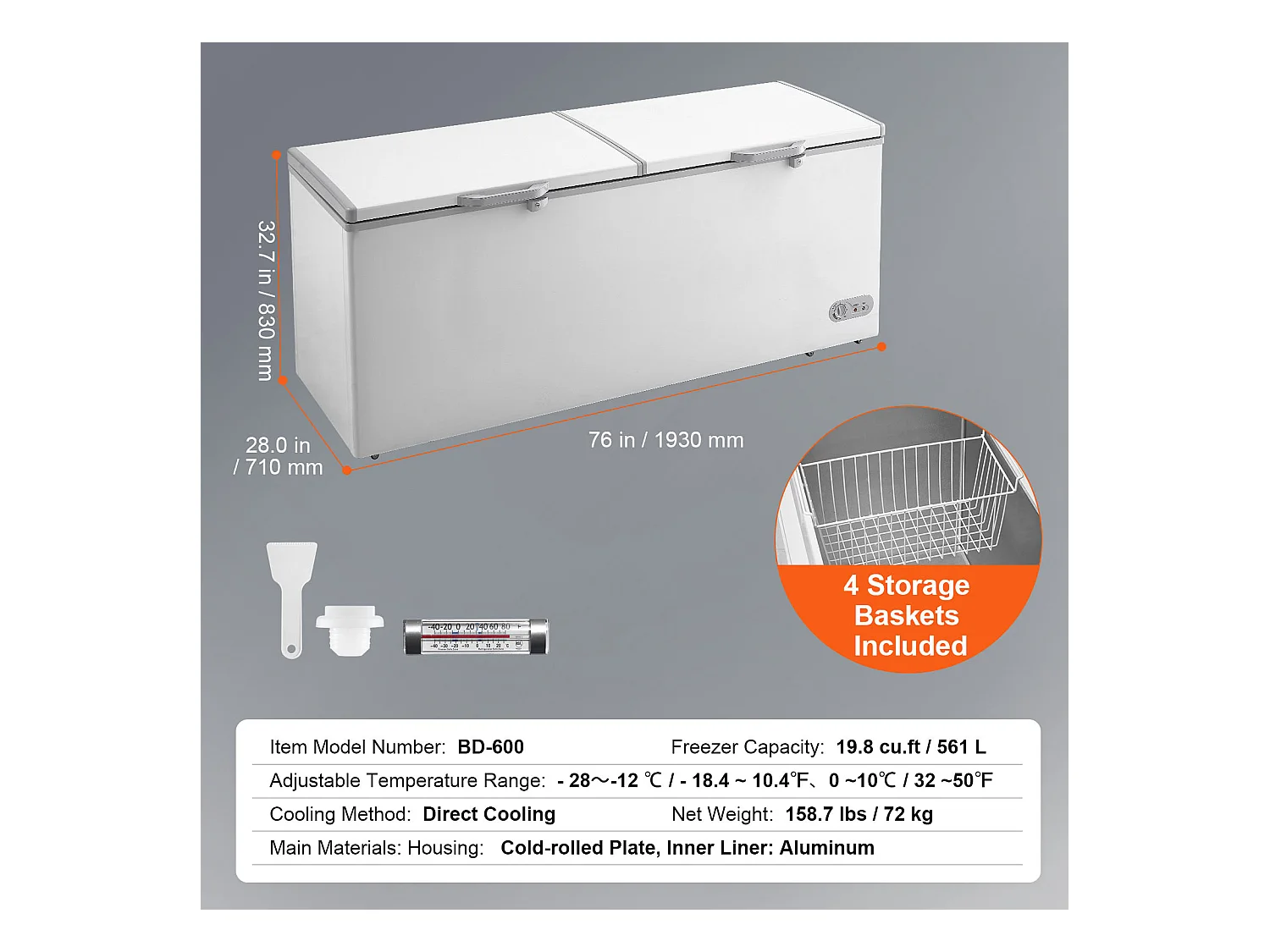 Congelador Horizontal SucceBuy de 561 L com 4 Cestos e Tampas Duplas