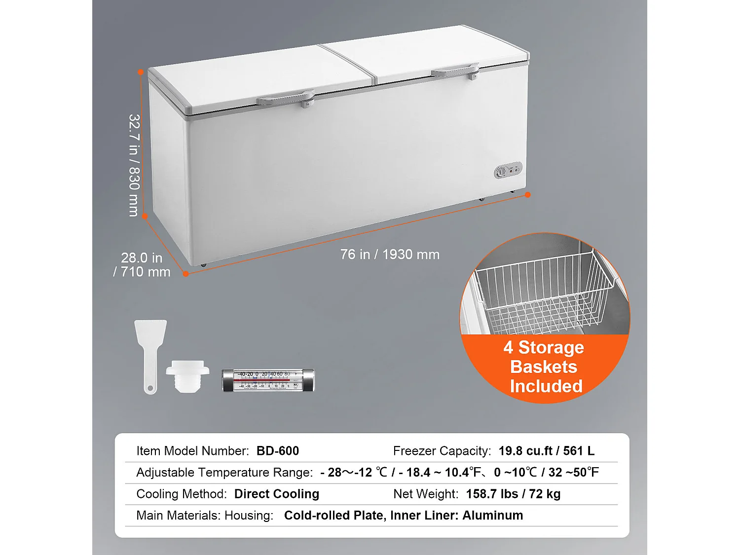 Congélateur Coffre SucceBuy de 561L avec 4 Paniers et Couvercles Doubles