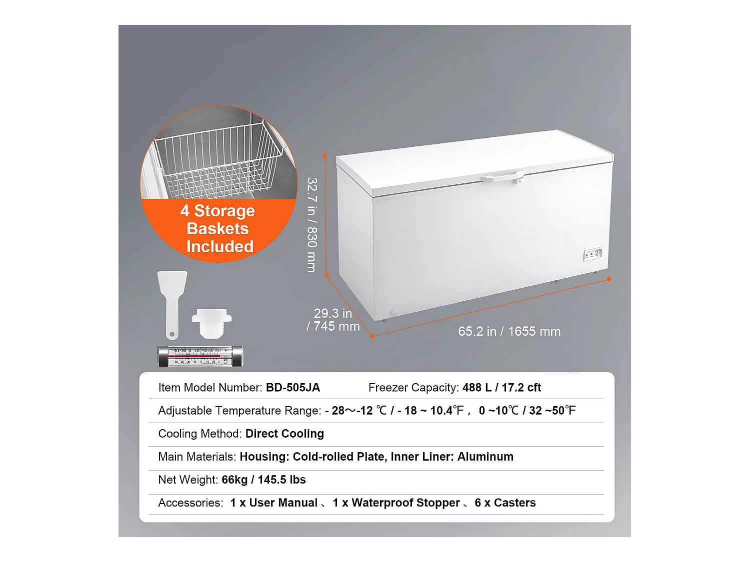 Congelador Horizontal SucceBuy de 488 L com 4 Cestos