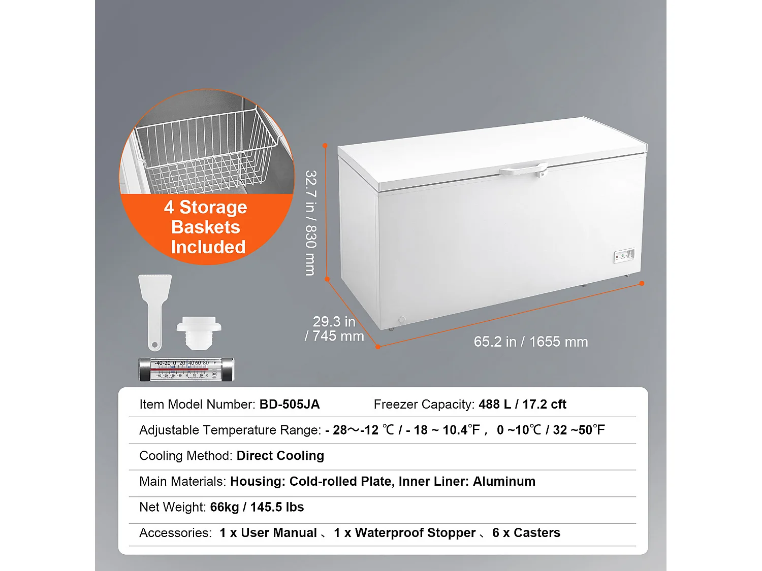 Congélateur de 488L avec 4 Paniers SucceBuy, avec 7 réglages de température