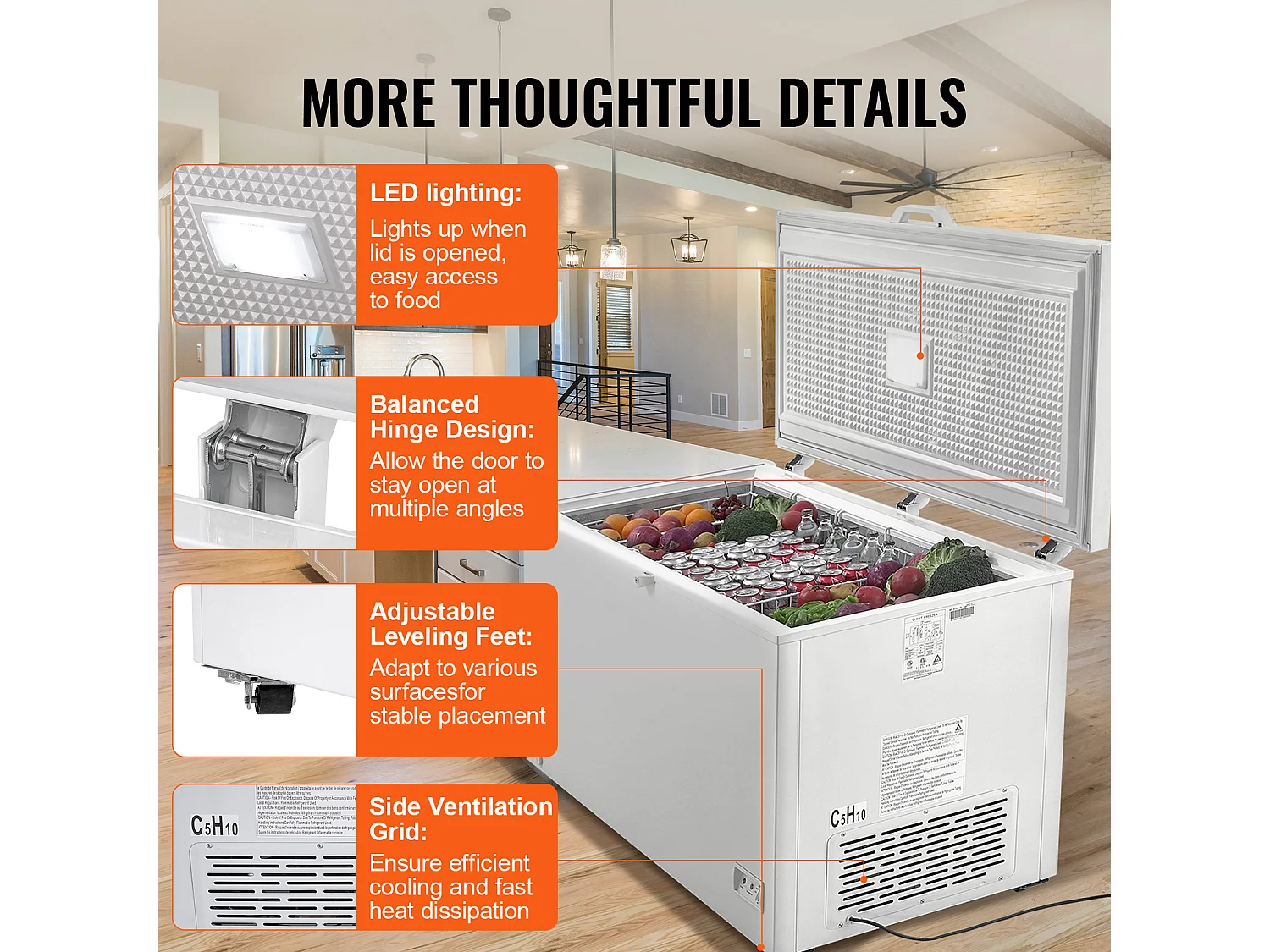 Congélateur de 488L avec 4 Paniers SucceBuy, avec 7 réglages de température