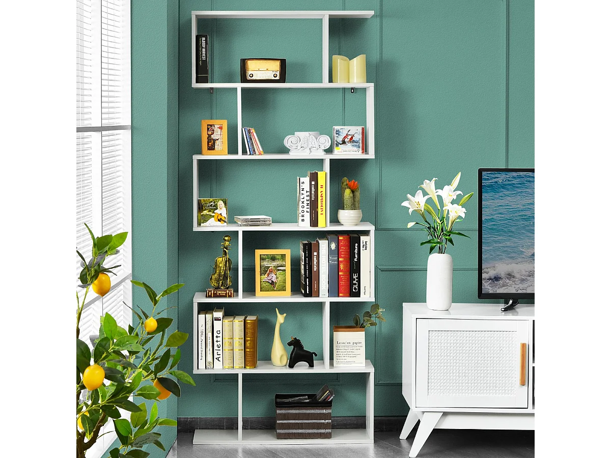 Libreria a 6 livelli a forma di S con dispositivo antiribaltamento, Scaffale di legno per casa e ufficio Bianco