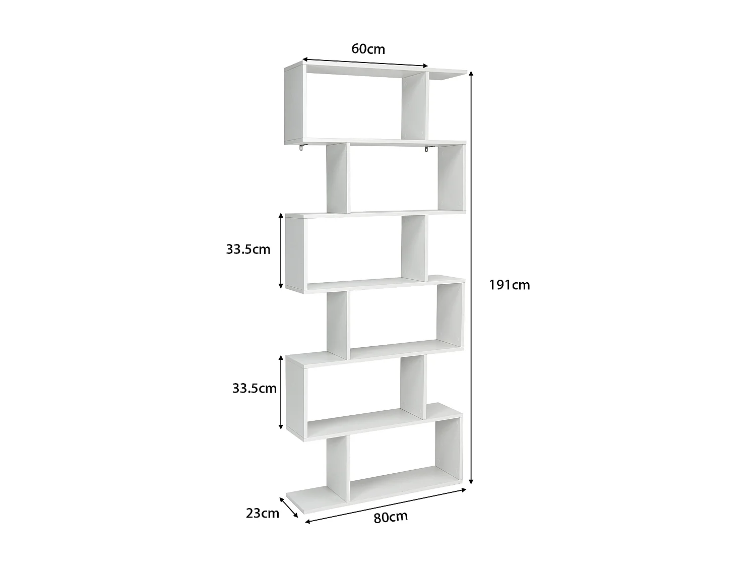 Libreria a 6 livelli a forma di S con dispositivo antiribaltamento, Scaffale di legno per casa e ufficio Bianco