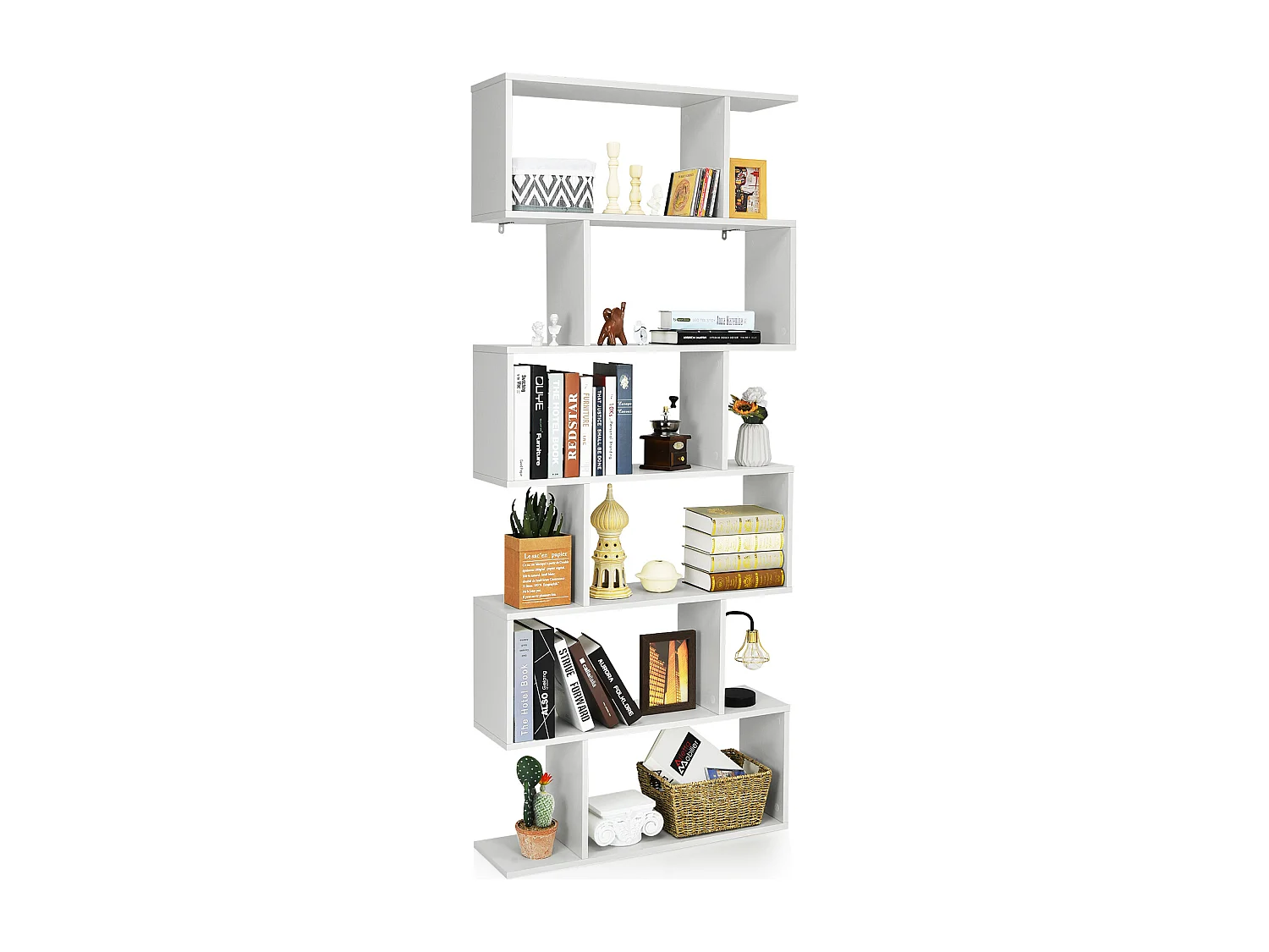 Libreria a 6 livelli a forma di S con dispositivo antiribaltamento, Scaffale di legno per casa e ufficio Bianco
