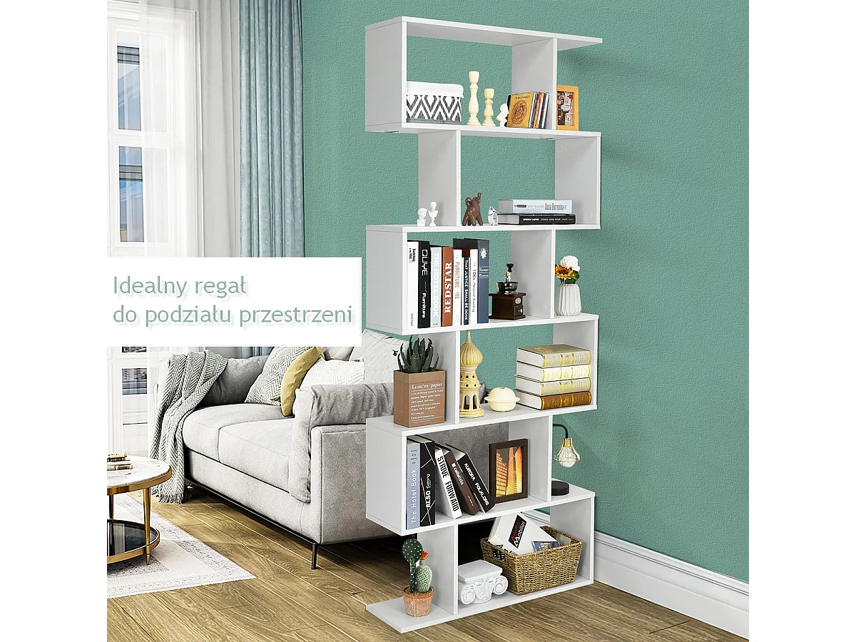 Libreria a 6 livelli a forma di S con dispositivo antiribaltamento, Scaffale di legno per casa e ufficio Bianco