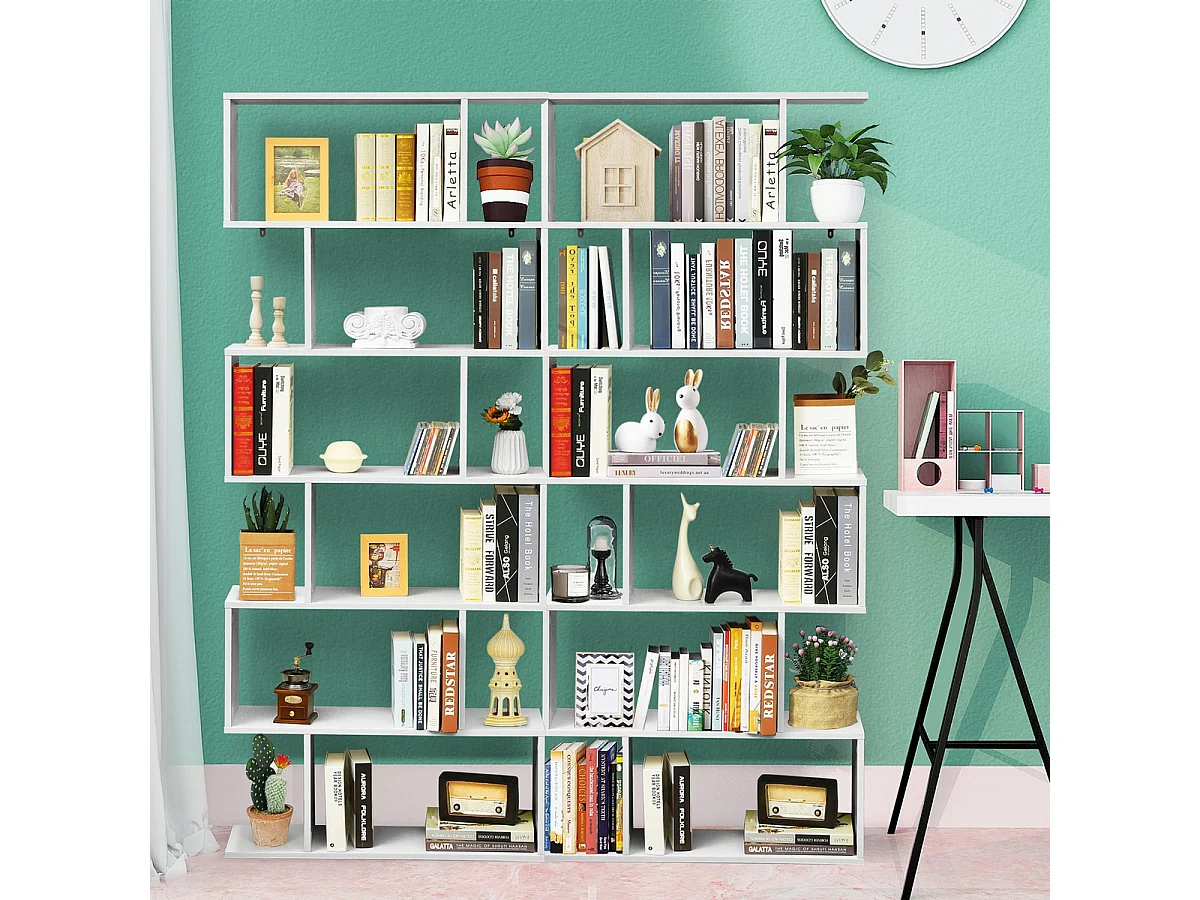 Libreria a 6 livelli a forma di S con dispositivo antiribaltamento, Scaffale di legno per casa e ufficio Bianco